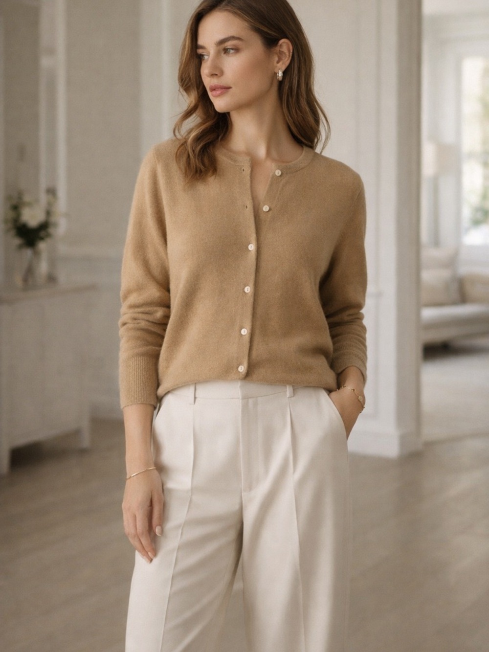 100% Cashmere Cardigan XL Camel Beige Quiet Luxury Soft Knit Minimalist Classic